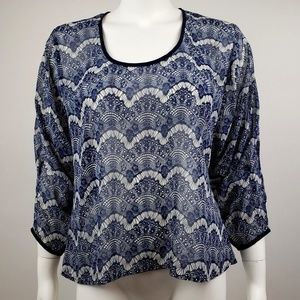 COLLECTIVE CONCEPTS Blue White 3/4‎ Sleeve Sheer Blouse Womens Size S Small
